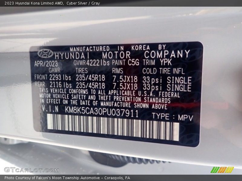 Cyber Silver / Gray 2023 Hyundai Kona Limited AWD