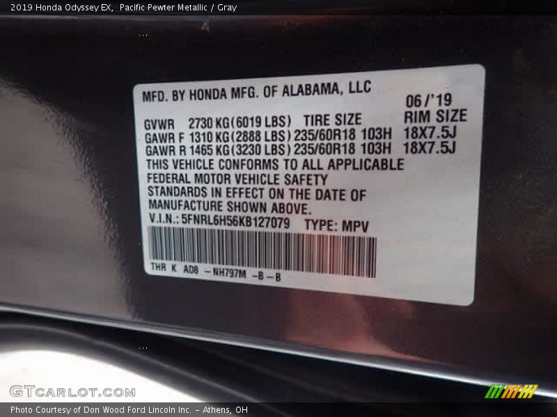 Pacific Pewter Metallic / Gray 2019 Honda Odyssey EX