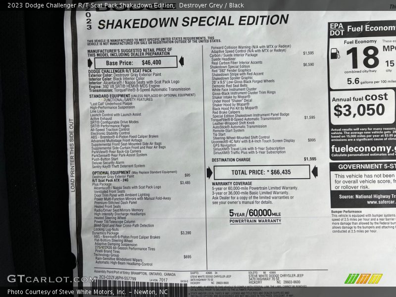  2023 Challenger R/T Scat Pack Shakedown Edition Window Sticker