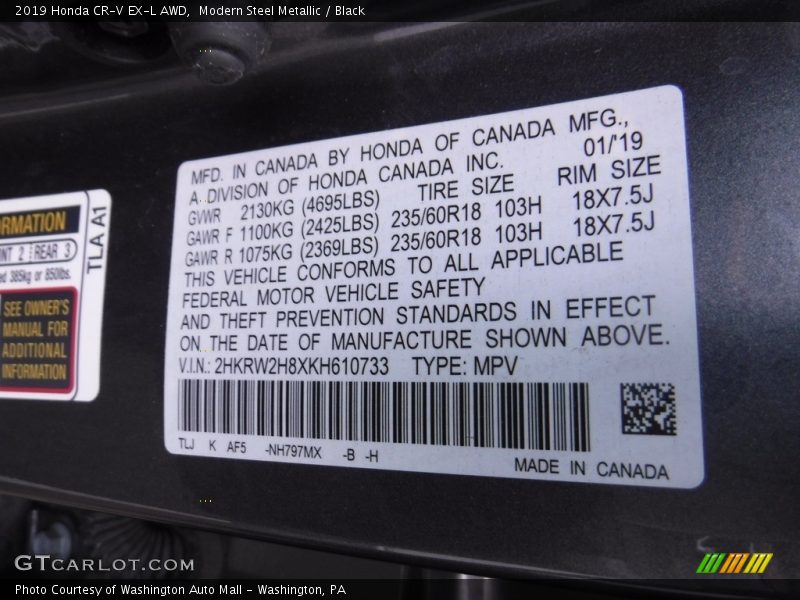 2019 CR-V EX-L AWD Modern Steel Metallic Color Code NH797MX