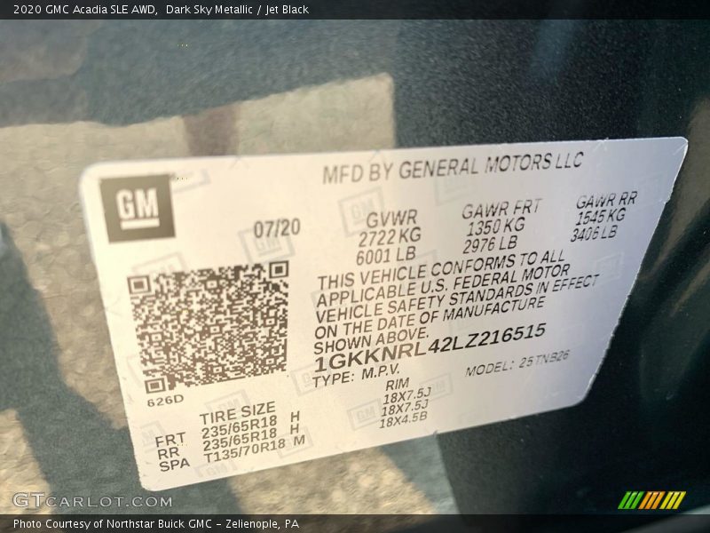 Dark Sky Metallic / Jet Black 2020 GMC Acadia SLE AWD