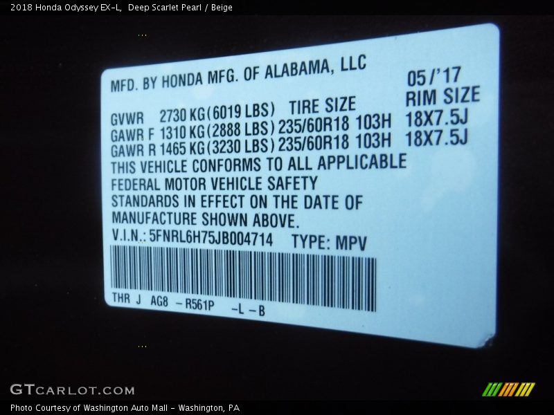 Deep Scarlet Pearl / Beige 2018 Honda Odyssey EX-L