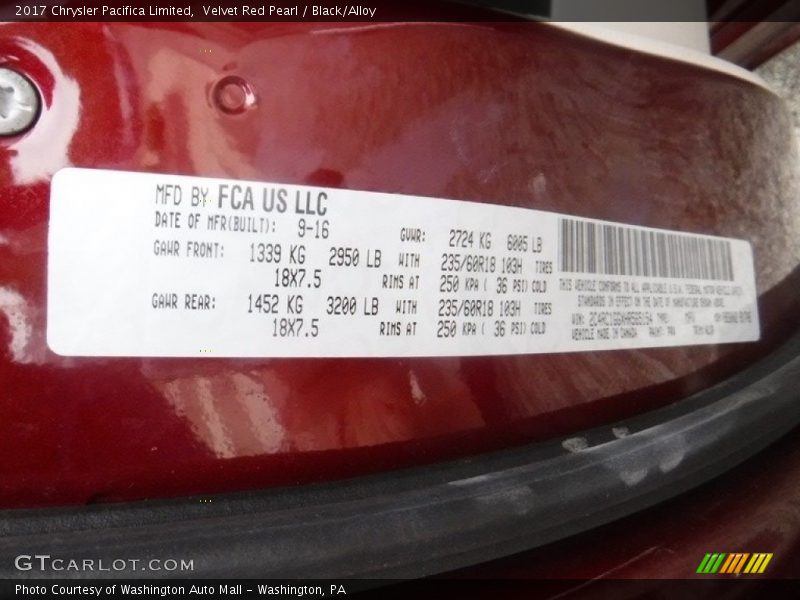 Velvet Red Pearl / Black/Alloy 2017 Chrysler Pacifica Limited