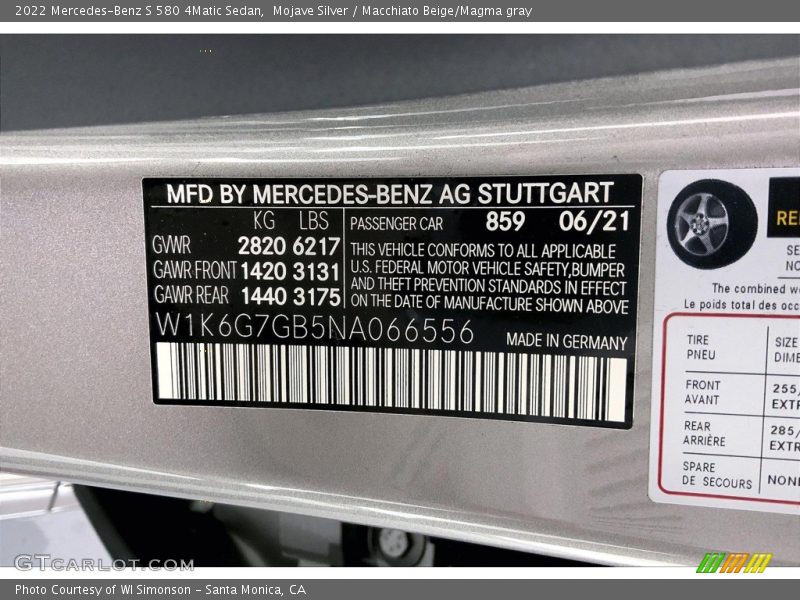 2022 S 580 4Matic Sedan Mojave Silver Color Code 859
