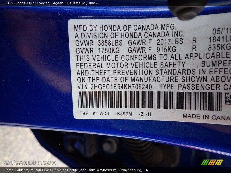 2019 Civic Si Sedan Agean Blue Metallic Color Code B593M