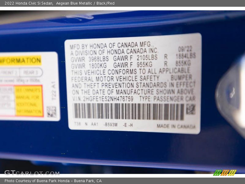 Aegean Blue Metallic / Black/Red 2022 Honda Civic Si Sedan