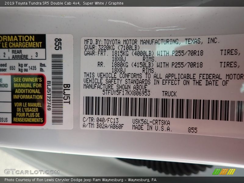 2019 Tundra SR5 Double Cab 4x4 Super White Color Code 040