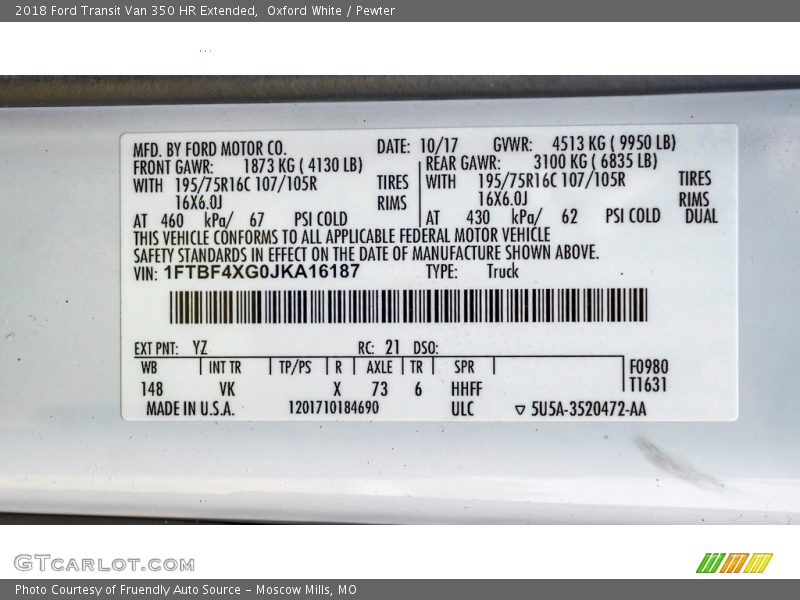 2018 Transit Van 350 HR Extended Oxford White Color Code YZ