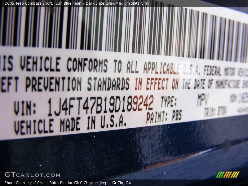 Surf Blue Pearl / Dark Slate Gray/Medium Slate Gray 2009 Jeep Compass Sport
