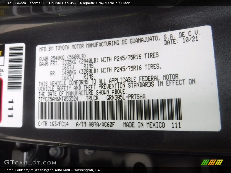 2022 Tacoma SR5 Double Cab 4x4 Magnetic Gray Metallic Color Code 1G3
