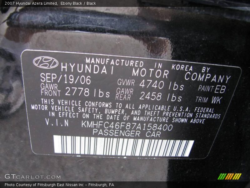 Ebony Black / Black 2007 Hyundai Azera Limited