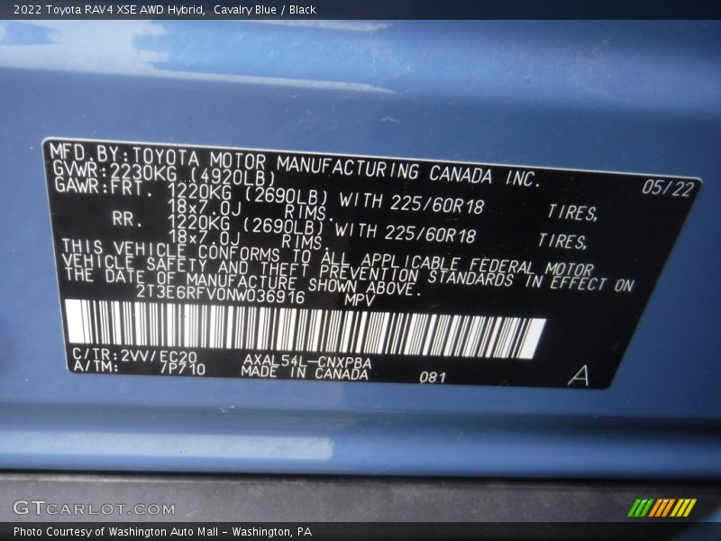 2022 RAV4 XSE AWD Hybrid Cavalry Blue Color Code 2VV