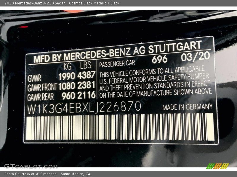 2020 A 220 Sedan Cosmos Black Metallic Color Code 696