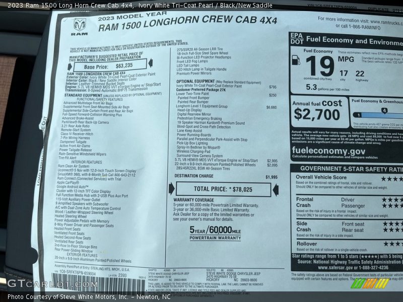  2023 1500 Long Horn Crew Cab 4x4 Window Sticker