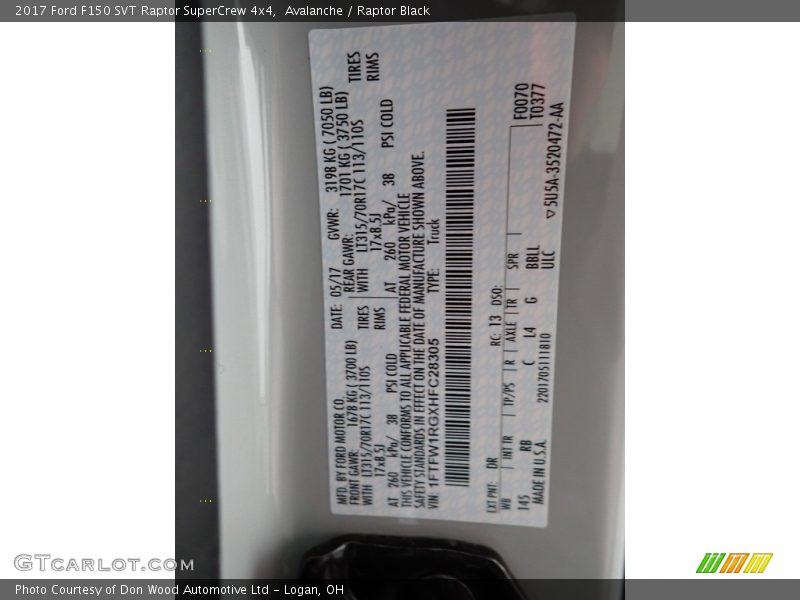 Avalanche / Raptor Black 2017 Ford F150 SVT Raptor SuperCrew 4x4