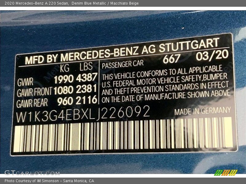 2020 A 220 Sedan Denim Blue Metallic Color Code 667