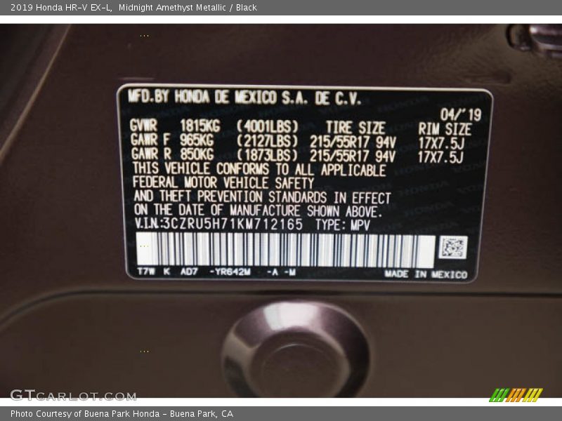 Midnight Amethyst Metallic / Black 2019 Honda HR-V EX-L