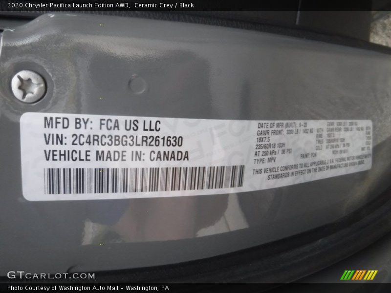 Ceramic Grey / Black 2020 Chrysler Pacifica Launch Edition AWD