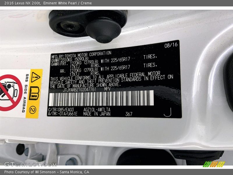 2016 NX 200t Eminent White Pearl Color Code 085