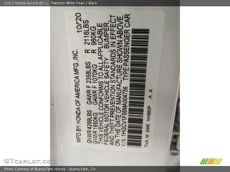 2021 Accord EX-L Platinum White Pearl Color Code NH883P