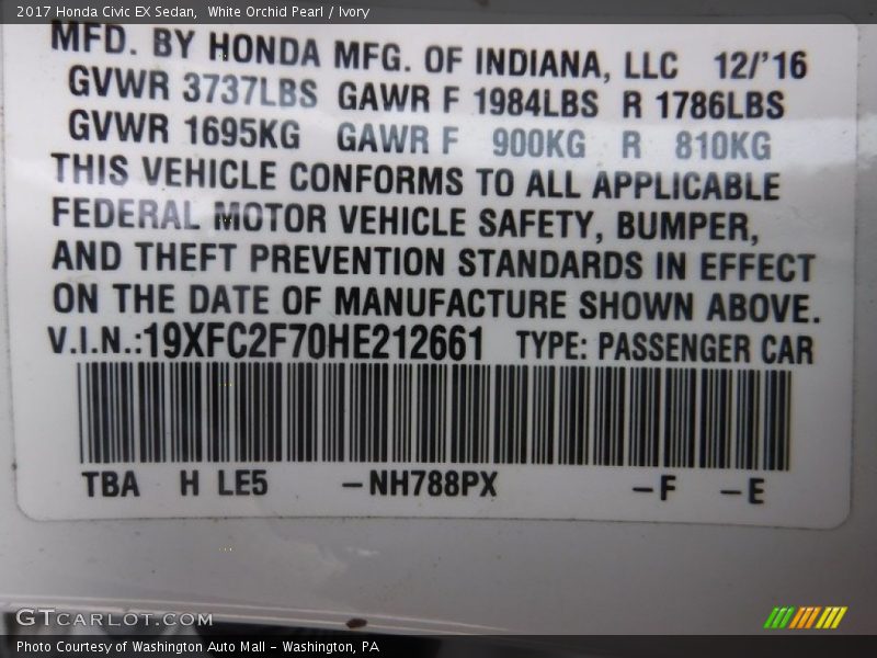 White Orchid Pearl / Ivory 2017 Honda Civic EX Sedan