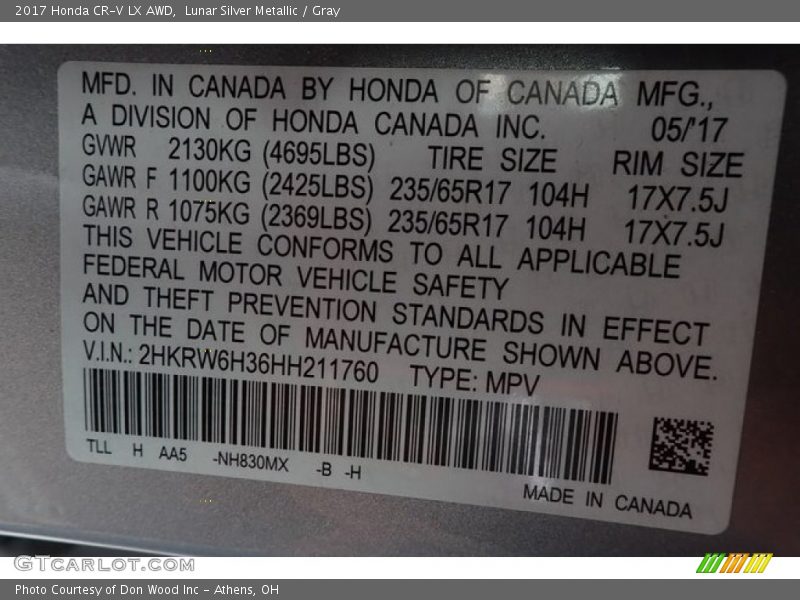 Lunar Silver Metallic / Gray 2017 Honda CR-V LX AWD