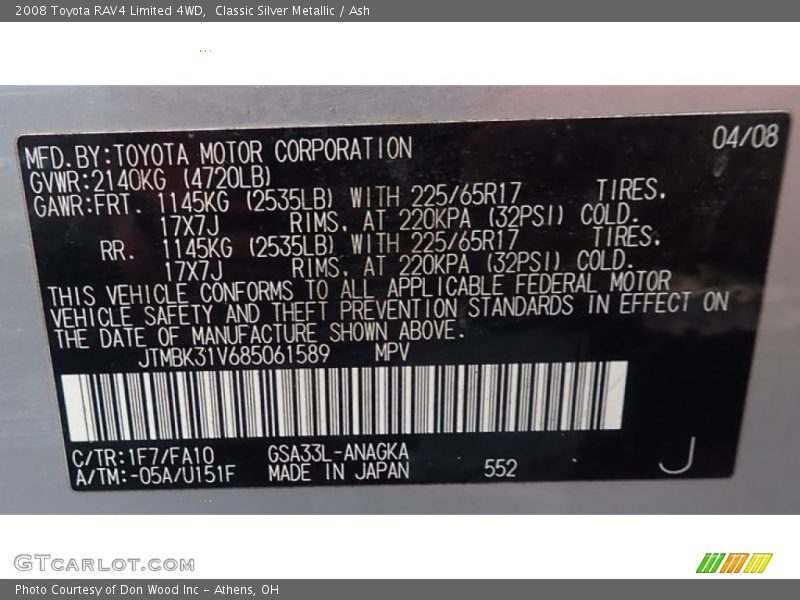 2008 RAV4 Limited 4WD Classic Silver Metallic Color Code 1F7