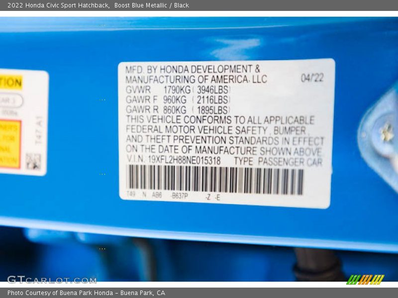 Boost Blue Metallic / Black 2022 Honda Civic Sport Hatchback