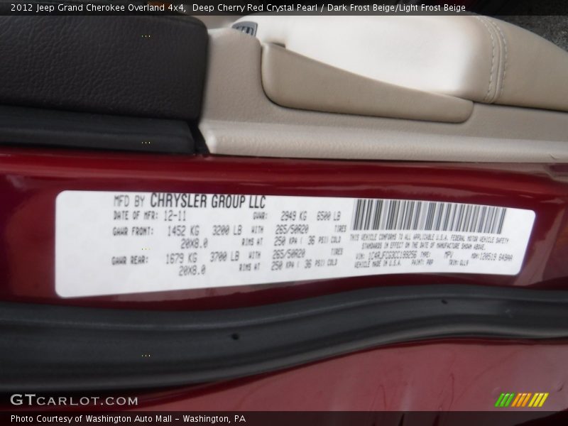 Deep Cherry Red Crystal Pearl / Dark Frost Beige/Light Frost Beige 2012 Jeep Grand Cherokee Overland 4x4