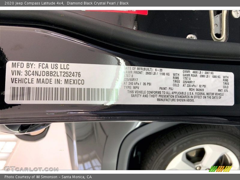 2020 Compass Latitude 4x4 Diamond Black Crystal Pearl Color Code PXJ
