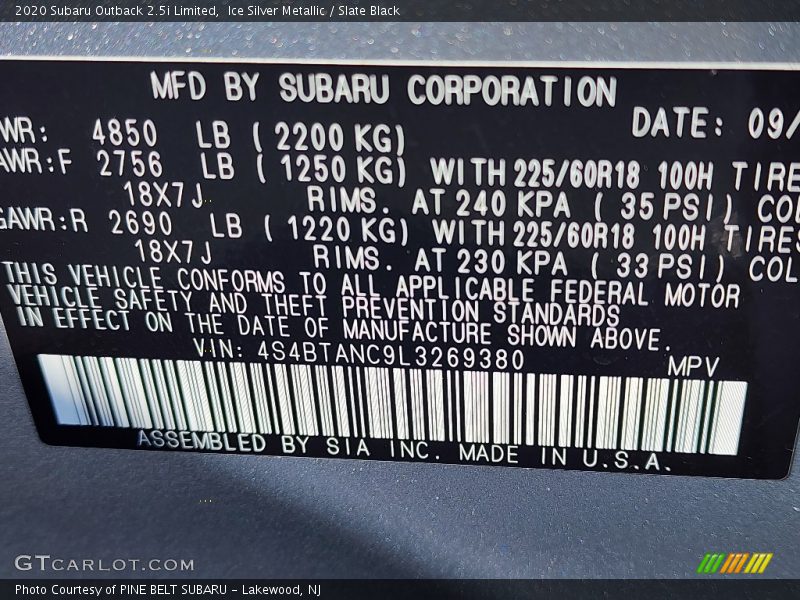 Ice Silver Metallic / Slate Black 2020 Subaru Outback 2.5i Limited