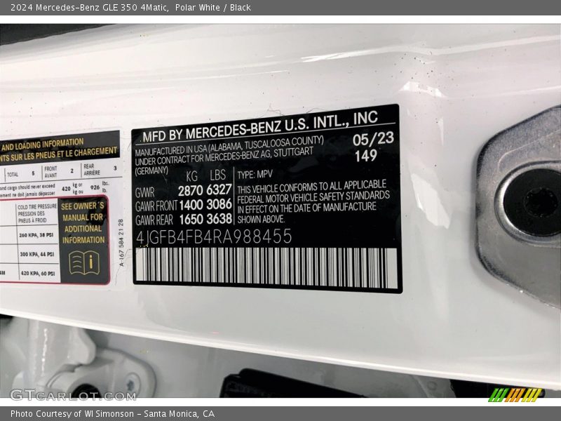 2024 GLE 350 4Matic Polar White Color Code 149