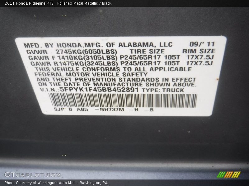Polished Metal Metallic / Black 2011 Honda Ridgeline RTS