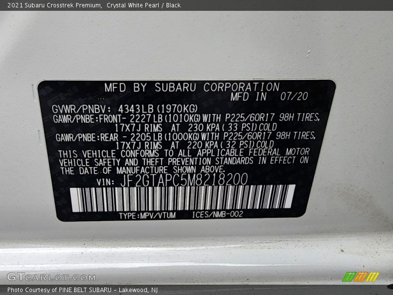 Crystal White Pearl / Black 2021 Subaru Crosstrek Premium