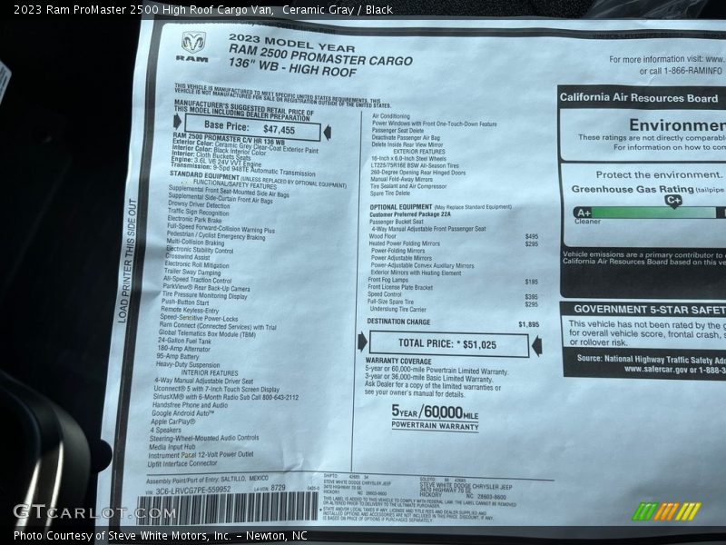  2023 ProMaster 2500 High Roof Cargo Van Window Sticker