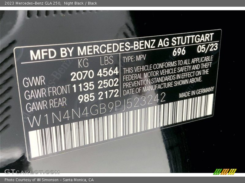 2023 GLA 250 Night Black Color Code 696