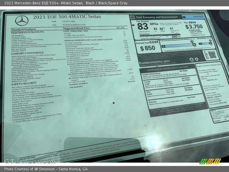  2023 EQE 500+ 4Matic Sedan Window Sticker