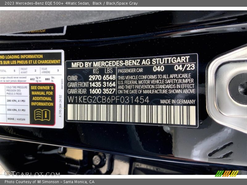 2023 EQE 500+ 4Matic Sedan Black Color Code 040