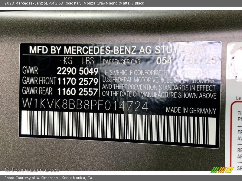2023 SL AMG 63 Roadster Monza Gray Magno (Matte) Color Code 054