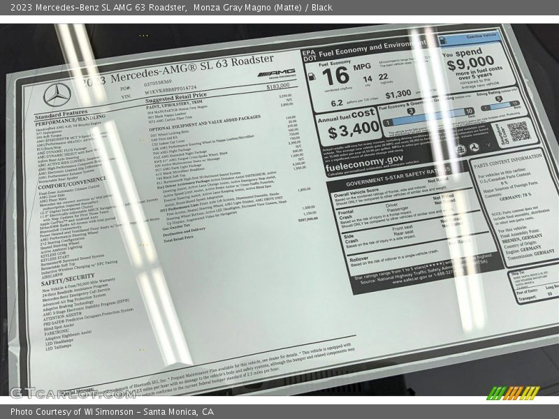  2023 SL AMG 63 Roadster Window Sticker