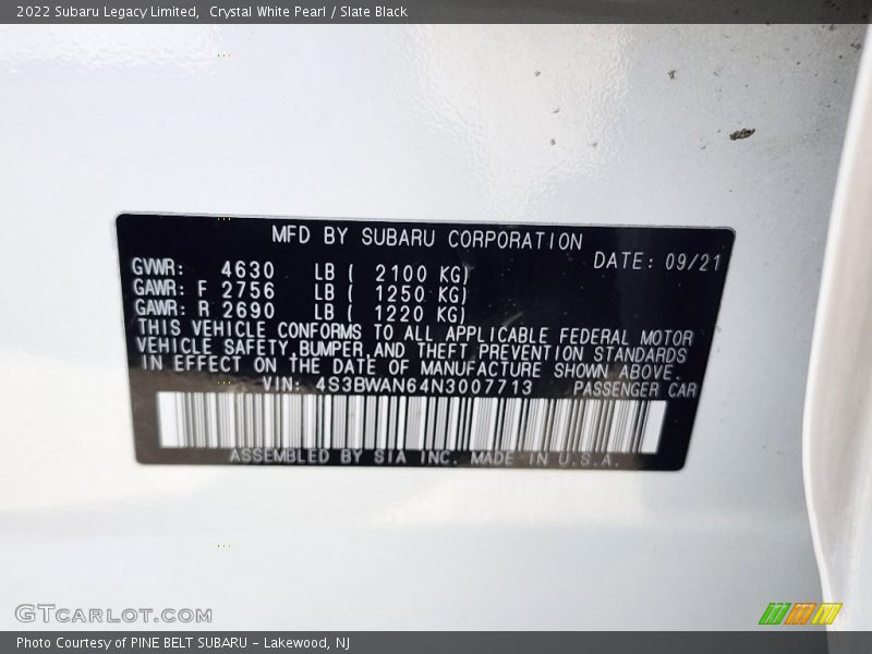 Crystal White Pearl / Slate Black 2022 Subaru Legacy Limited
