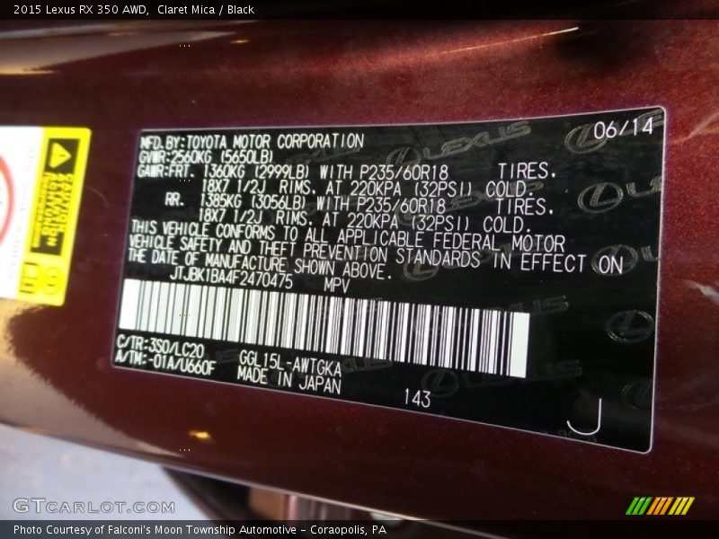 2015 RX 350 AWD Claret Mica Color Code 3S0