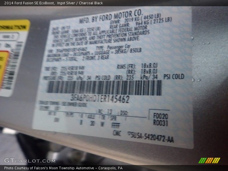 Ingot Silver / Charcoal Black 2014 Ford Fusion SE EcoBoost