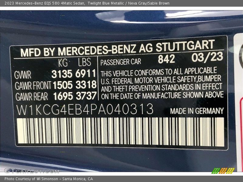 2023 EQS 580 4Matic Sedan Twilight Blue Metallic Color Code 842