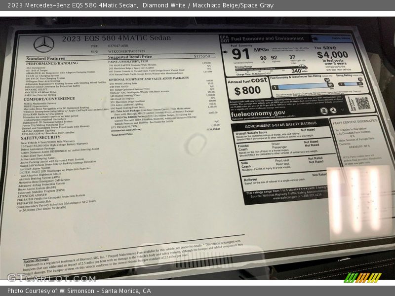  2023 EQS 580 4Matic Sedan Window Sticker