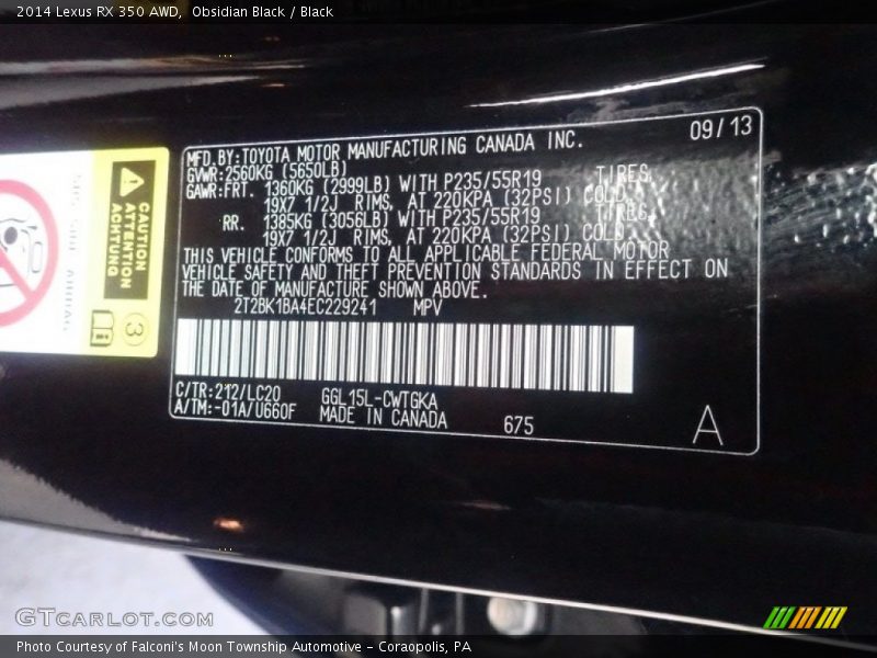 2014 RX 350 AWD Obsidian Black Color Code 212