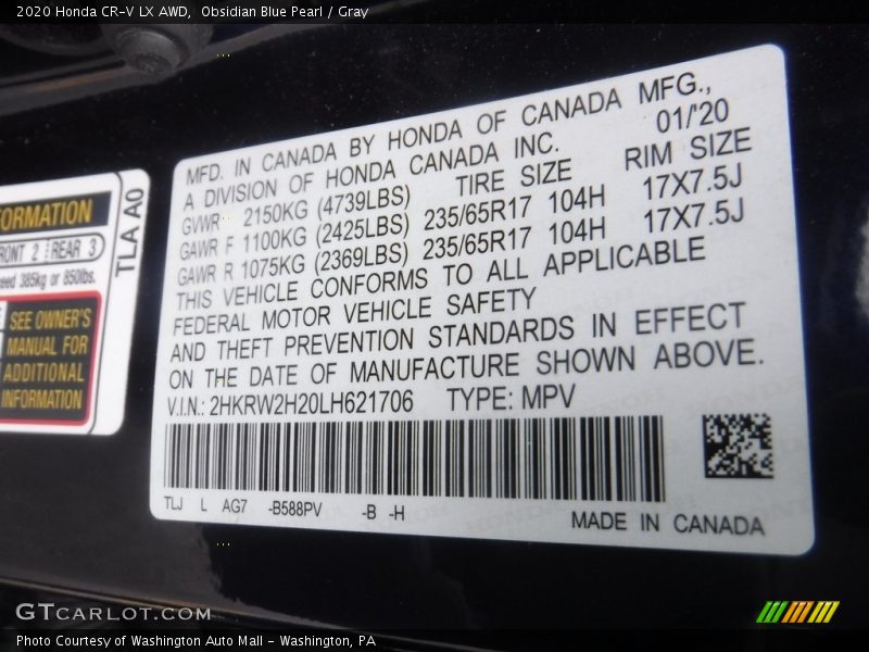 2020 CR-V LX AWD Obsidian Blue Pearl Color Code B588PV