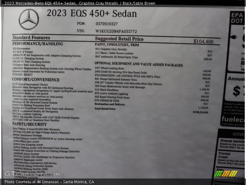  2023 EQS 450+ Sedan Window Sticker
