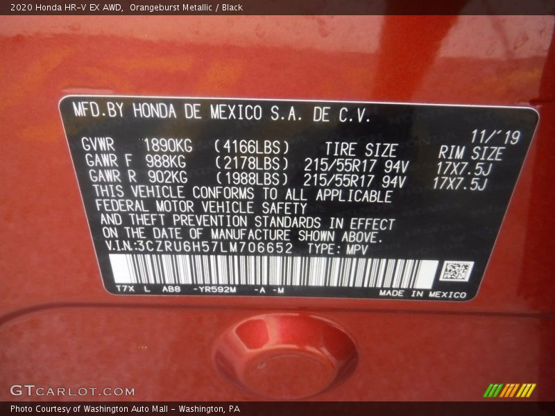 2020 HR-V EX AWD Orangeburst Metallic Color Code YR592M