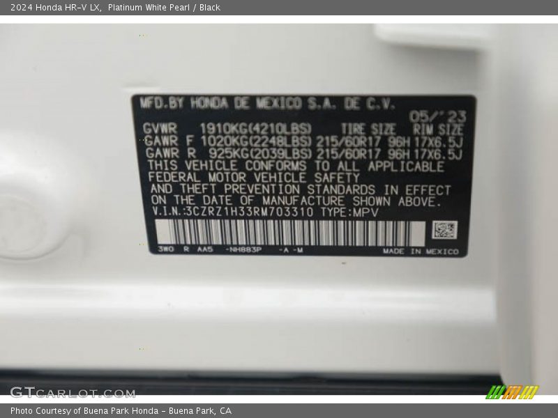 2024 HR-V LX Platinum White Pearl Color Code NH883P